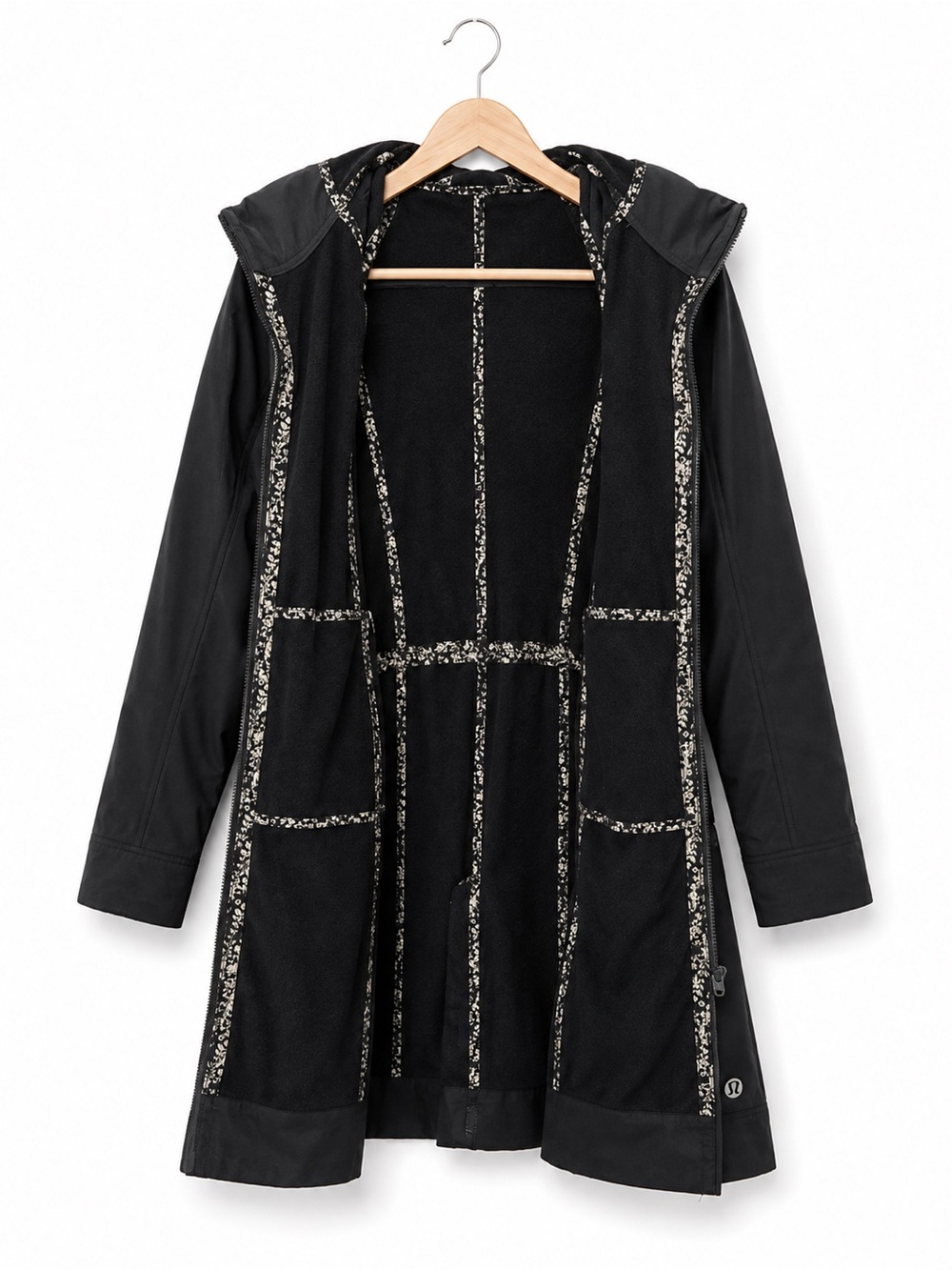 Lululemon Black Fleece Lined Hooded Long Jacket Coat Approx Size 6 - Picture 2 of 7